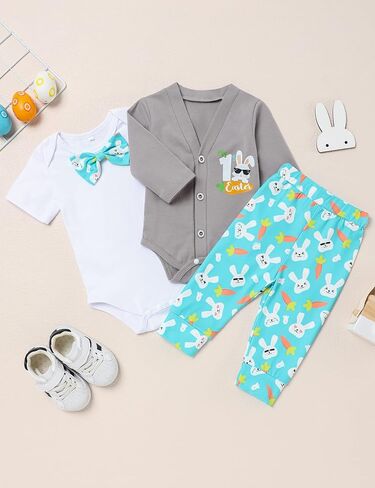 ملابس سيندا ماي فيرست لعيد الفصح للأطفال حديثي الولادة من الأولاد بعقدة على شكل فيونكة + معطف + بنطلون فجل 3 قطعة ملابس عيد الفصح in Kuwait