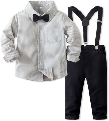 قميص Abolai Baby Boys Gentleman بأكمام طويلة مع مجموعة ملابس حمالات ربطة عنق in Kuwait