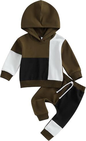 Ursobutegl Toddler Baby Boy Clothes Color Block Hooded Sweatshirt Pullover Jogger Pants 2Pcs Fall Winter Sweatsuit Outfit in Kuwait