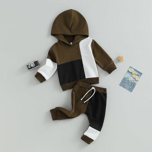 Ursobutegl Toddler Baby Boy Clothes Color Block Hooded Sweatshirt Pullover Jogger Pants 2Pcs Fall Winter Sweatsuit Outfit in Kuwait