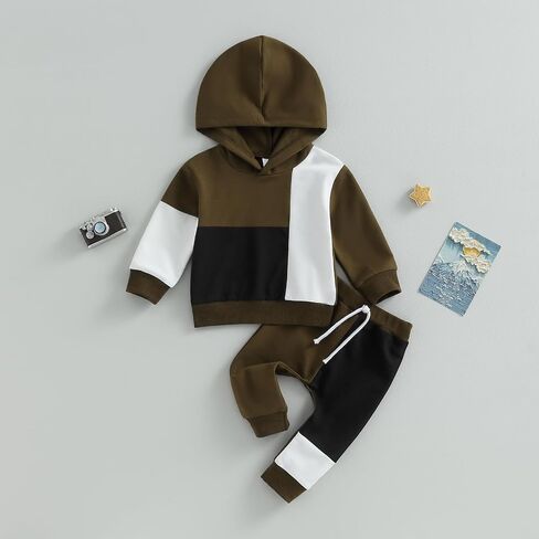 Ursobutegl Toddler Baby Boy Clothes Color Block Hooded Sweatshirt Pullover Jogger Pants 2Pcs Fall Winter Sweatsuit Outfit in Kuwait