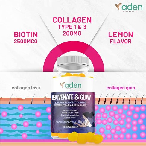 حلوى الكولاجين للنساء والرجال منخفضة السكر مع البيوتين، فيتامين C E، الزنك - نمو الشعر، الأظافر القوية، العناية بالبشرة، مكافحة الشيخوخة - مكمل بروتين الكولاجين من النوع 1 و3 - بدون فيتامينات صمغية من الغلوتين المعدلة وراثيًا in Kuwait