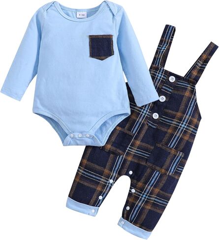 Haokaini ملابس الأطفال حديثي الولادة من Haokaini بأكمام طويلة بدلة شهم بلون واحد رومبير علوي منقوشة ملابس الحمالات والسراويل in Kuwait