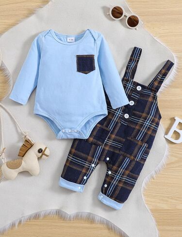 Haokaini ملابس الأطفال حديثي الولادة من Haokaini بأكمام طويلة بدلة شهم بلون واحد رومبير علوي منقوشة ملابس الحمالات والسراويل in Kuwait