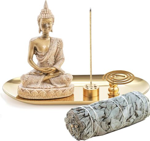 TOPZEA 6 in 1 Incense Holder, Brass Palo Santo Sage Sticks Holder, Incense Burner with Ash Catcher Tray & Buddha Statue for Coil Incense, Incense Cones, Stick, Meditation Accessories, Yoga Room Decor in Saudi Arabia