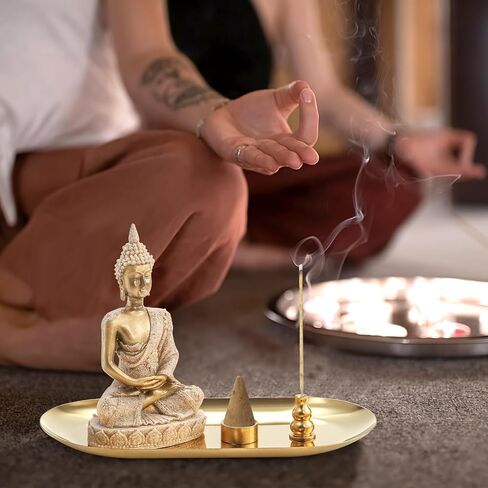 TOPZEA 6 in 1 Incense Holder, Brass Palo Santo Sage Sticks Holder, Incense Burner with Ash Catcher Tray & Buddha Statue for Coil Incense, Incense Cones, Stick, Meditation Accessories, Yoga Room Decor in Saudi Arabia
