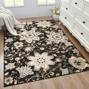 HOMORE سجادة منطقة الأزهار قابلة للغسل مقاس 5 × 7، سجاد منطقة سوداء لغرفة المعيشة سجادة كبيرة غير قابلة للانزلاق لغرفة الغسيل في المدخل وغرفة الغسيل رقيقة جدًا سجادة رمي الزهور لغرفة النوم وغرفة الطعام وديكور غرفة الأطفال in Kuwait