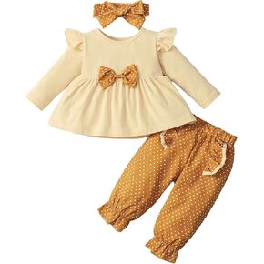 CBHAIBLYD Infant Baby Girl Clothes Long Sleeve Floral Bow Top+Polka Dot Pant+Headband 3pcs Fall Winter Outfits in Kuwait