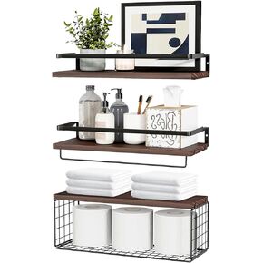 Bilillo Floating Shelves Wall Mounted, Bathroom Shelves Above Toilet with Wire Basket and Towel Bar, Suitable for Decorative Storage Racks in Kitchens, Living Rooms, Bedrooms, and Offices Dark Brown in Kuwait