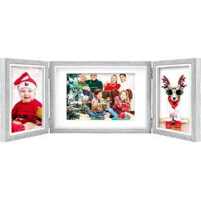 LAZYKITTY 3 Picture Frame, 2 4x6 and 1 7x5 with White Mat - Reinforced MDF, Real Glass Faces, Stainless Steel Hinged, Multi-angle Foldable, Standing on Tabletops - Natural Wood in Saudi Arabia