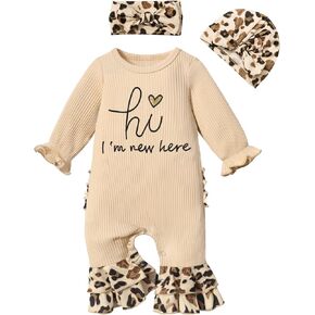 KANGKANG Newborn Girl Clothes Onesie for Baby Girl Ruffle Romper Boho Infant Bell Bottom Jumpsuit with Headband Hat in Kuwait