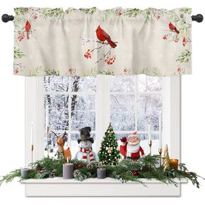 Window Valance Short Curtains Christmas Red Cardinal Birds in Berry Branch Rod Pocket Privacy Drapes Window Treatment Winter Snowflakes on Linen Texture Curtain Panel for Kitchen Bedroom Bathroom in Saudi Arabia