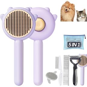 5 in 1 Cat Care Set, Hair Brush with Release Button, Deshedding Brush for Long and Short Haired Cats, Purple