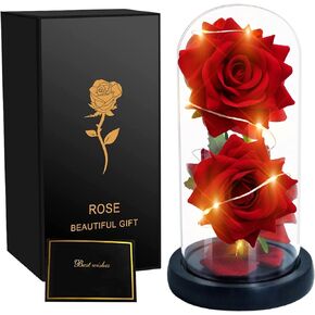وردة الجمال والوحش - وردة حمراء حريرية في قبة زجاجية مع ضوء سلسلة خرافية، زهور صناعية إلى الأبد، وردة مضيئة، هدية وردة ساحرة لها في عيد الحب وعيد ميلاد الذكرى السنوية للزفاف. in Kuwait