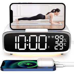 ساعة منبه رقمية من VOILEIPAGI مع شحن لاسلكي، ساعة منبه ذكية مزدوجة مع منافذ USB، ساعة كهربائية، ساعة بجانب السرير مع مكبر صوت بلوتوث، 12/24 ساعة، قيلولة بعد الظهر، ساعة منبه للنوم الثقيل - رمادي in Kuwait