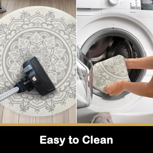 Carvapet 2' Small Round Area Rug Chic Boho Mandala Print Circle Rugs Non Slip Machine Washable Floor Mat Soft Throw Rug for Powder Room Entryway Bathroom Nursery Bedside Floor Decor Black Ivory in Kuwait