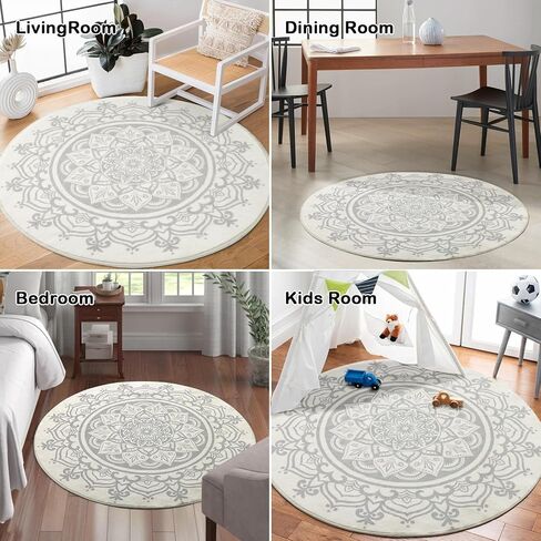 Carvapet 2' Small Round Area Rug Chic Boho Mandala Print Circle Rugs Non Slip Machine Washable Floor Mat Soft Throw Rug for Powder Room Entryway Bathroom Nursery Bedside Floor Decor Black Ivory in Kuwait