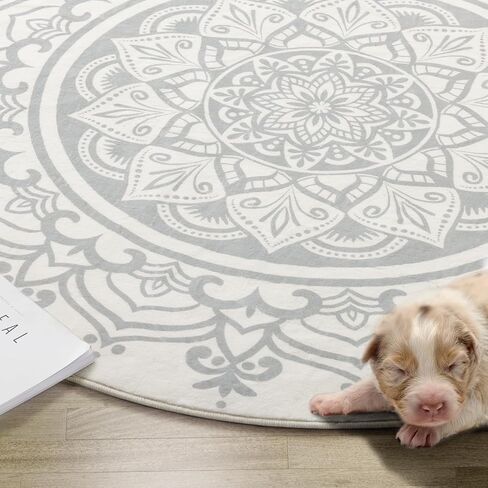 Carvapet 2' Small Round Area Rug Chic Boho Mandala Print Circle Rugs Non Slip Machine Washable Floor Mat Soft Throw Rug for Powder Room Entryway Bathroom Nursery Bedside Floor Decor Black Ivory in Kuwait