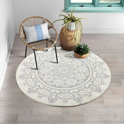 Carvapet 2' Small Round Area Rug Chic Boho Mandala Print Circle Rugs Non Slip Machine Washable Floor Mat Soft Throw Rug for Powder Room Entryway Bathroom Nursery Bedside Floor Decor Black Ivory in Kuwait
