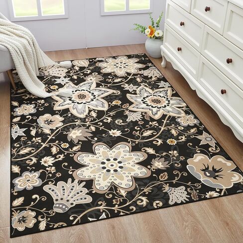 HOMORE سجادة منطقة الأزهار قابلة للغسل مقاس 5 × 7، سجاد منطقة سوداء لغرفة المعيشة سجادة كبيرة غير قابلة للانزلاق لغرفة الغسيل في المدخل وغرفة الغسيل رقيقة جدًا سجادة رمي الزهور لغرفة النوم وغرفة الطعام وديكور غرفة الأطفال in Kuwait