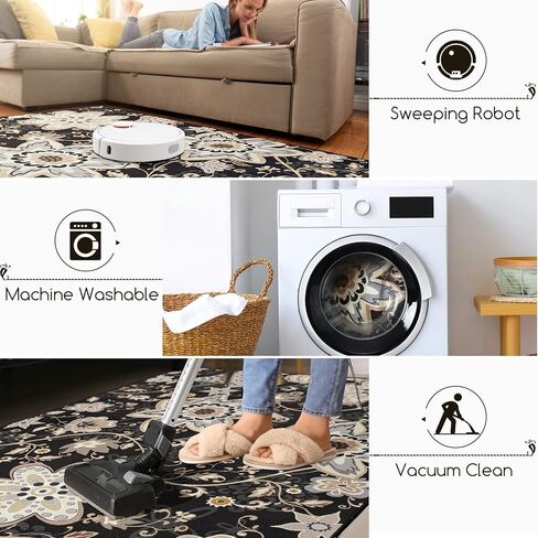 HOMORE سجادة منطقة الأزهار قابلة للغسل مقاس 5 × 7، سجاد منطقة سوداء لغرفة المعيشة سجادة كبيرة غير قابلة للانزلاق لغرفة الغسيل في المدخل وغرفة الغسيل رقيقة جدًا سجادة رمي الزهور لغرفة النوم وغرفة الطعام وديكور غرفة الأطفال in Kuwait