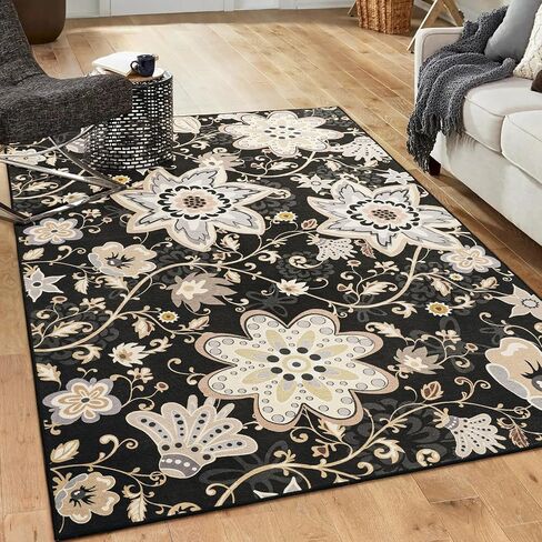 HOMORE سجادة منطقة الأزهار قابلة للغسل مقاس 5 × 7، سجاد منطقة سوداء لغرفة المعيشة سجادة كبيرة غير قابلة للانزلاق لغرفة الغسيل في المدخل وغرفة الغسيل رقيقة جدًا سجادة رمي الزهور لغرفة النوم وغرفة الطعام وديكور غرفة الأطفال in Kuwait