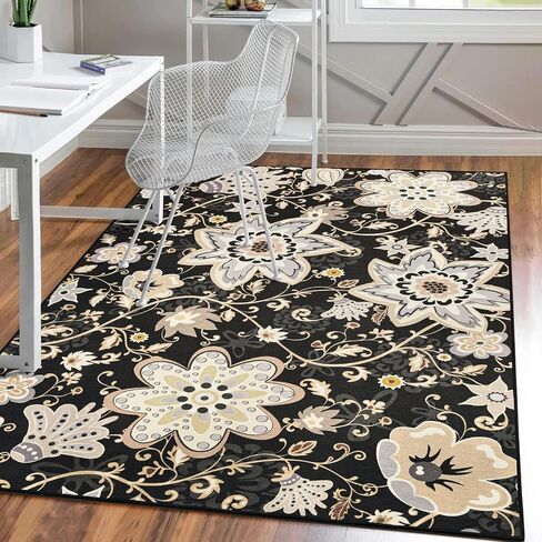 HOMORE سجادة منطقة الأزهار قابلة للغسل مقاس 5 × 7، سجاد منطقة سوداء لغرفة المعيشة سجادة كبيرة غير قابلة للانزلاق لغرفة الغسيل في المدخل وغرفة الغسيل رقيقة جدًا سجادة رمي الزهور لغرفة النوم وغرفة الطعام وديكور غرفة الأطفال in Kuwait
