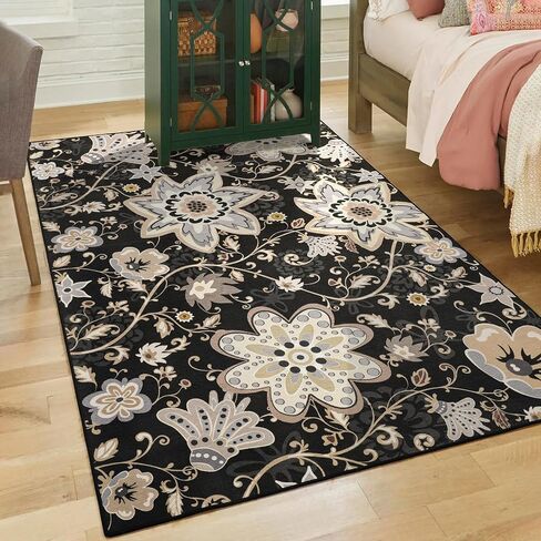 HOMORE سجادة منطقة الأزهار قابلة للغسل مقاس 5 × 7، سجاد منطقة سوداء لغرفة المعيشة سجادة كبيرة غير قابلة للانزلاق لغرفة الغسيل في المدخل وغرفة الغسيل رقيقة جدًا سجادة رمي الزهور لغرفة النوم وغرفة الطعام وديكور غرفة الأطفال in Kuwait