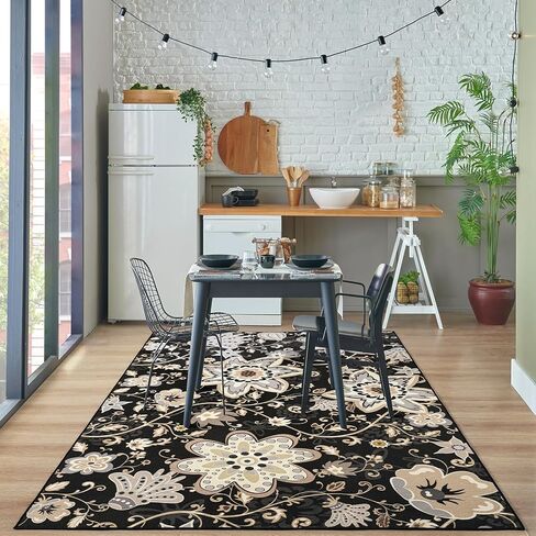 HOMORE سجادة منطقة الأزهار قابلة للغسل مقاس 5 × 7، سجاد منطقة سوداء لغرفة المعيشة سجادة كبيرة غير قابلة للانزلاق لغرفة الغسيل في المدخل وغرفة الغسيل رقيقة جدًا سجادة رمي الزهور لغرفة النوم وغرفة الطعام وديكور غرفة الأطفال in Kuwait