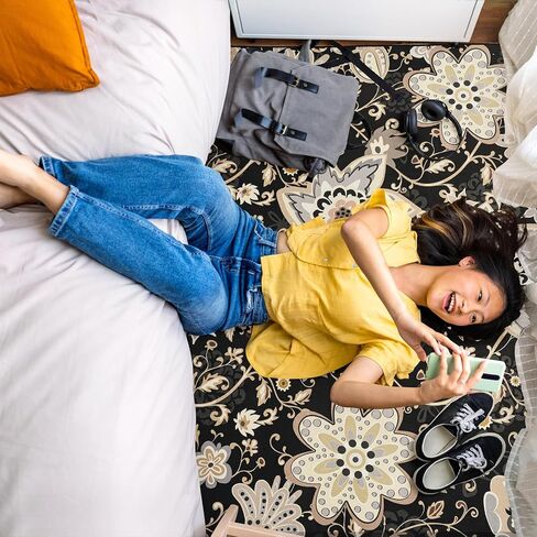 HOMORE سجادة منطقة الأزهار قابلة للغسل مقاس 5 × 7، سجاد منطقة سوداء لغرفة المعيشة سجادة كبيرة غير قابلة للانزلاق لغرفة الغسيل في المدخل وغرفة الغسيل رقيقة جدًا سجادة رمي الزهور لغرفة النوم وغرفة الطعام وديكور غرفة الأطفال in Kuwait