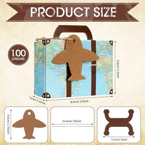 100 Pcs Mini Suitcase Favor Box World Map Party Favor Candy Box Vintage Mini Suitcase Gift Box Wedding Favors with Tags and Burlap Twine for Travel Themed Party, Bridal Shower, Wedding Decorations in Saudi Arabia