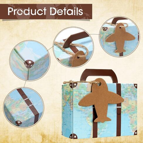 100 Pcs Mini Suitcase Favor Box World Map Party Favor Candy Box Vintage Mini Suitcase Gift Box Wedding Favors with Tags and Burlap Twine for Travel Themed Party, Bridal Shower, Wedding Decorations in Saudi Arabia