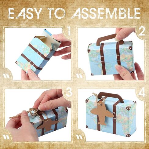 100 Pcs Mini Suitcase Favor Box World Map Party Favor Candy Box Vintage Mini Suitcase Gift Box Wedding Favors with Tags and Burlap Twine for Travel Themed Party, Bridal Shower, Wedding Decorations in Saudi Arabia