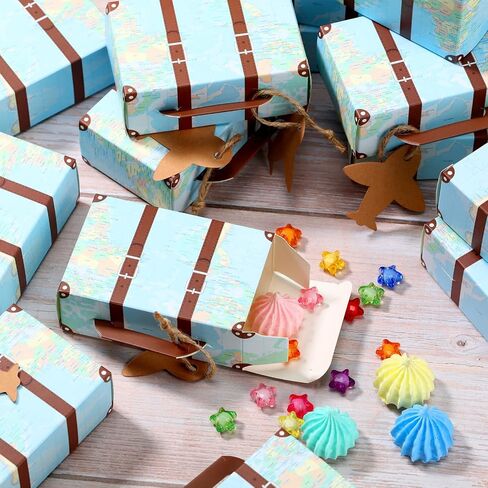100 Pcs Mini Suitcase Favor Box World Map Party Favor Candy Box Vintage Mini Suitcase Gift Box Wedding Favors with Tags and Burlap Twine for Travel Themed Party, Bridal Shower, Wedding Decorations in Saudi Arabia