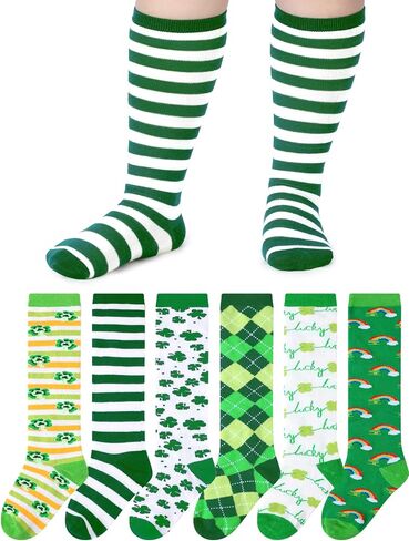 Patelai 6 Pairs St. Patrick's Day Knee High Socks Kid Shamrock Holiday Socks Boys Girls Irish Socks for St. Patrick's Day Party Gift Unisex, 4-8 Years in Saudi Arabia
