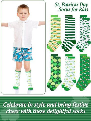 Patelai 6 Pairs St. Patrick's Day Knee High Socks Kid Shamrock Holiday Socks Boys Girls Irish Socks for St. Patrick's Day Party Gift Unisex, 4-8 Years in Saudi Arabia