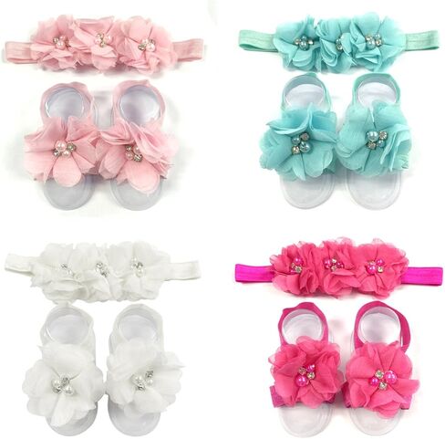 allydrew Baby Girl Barefoot Flower Sandals & Headbands Set Chiffon Flower Baby Sandals (4 sets) in Saudi Arabia