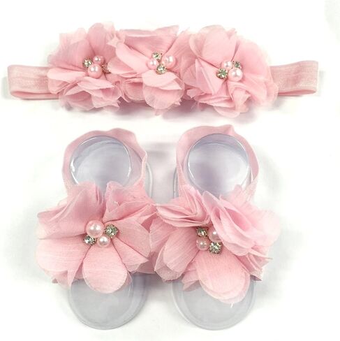 allydrew Baby Girl Barefoot Flower Sandals & Headbands Set Chiffon Flower Baby Sandals (4 sets) in Saudi Arabia