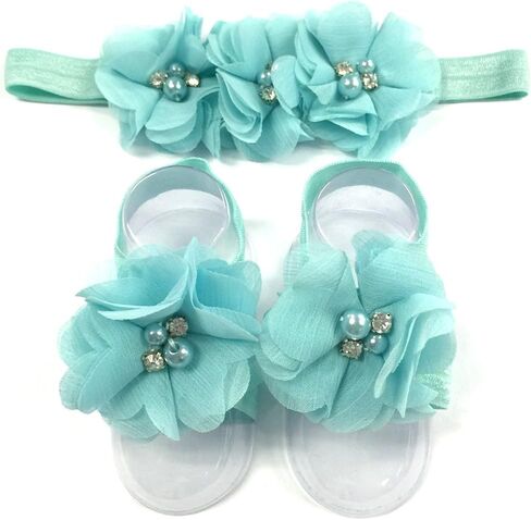 allydrew Baby Girl Barefoot Flower Sandals & Headbands Set Chiffon Flower Baby Sandals (4 sets) in Saudi Arabia