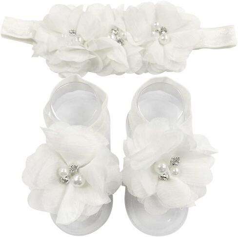 allydrew Baby Girl Barefoot Flower Sandals & Headbands Set Chiffon Flower Baby Sandals (4 sets) in Saudi Arabia
