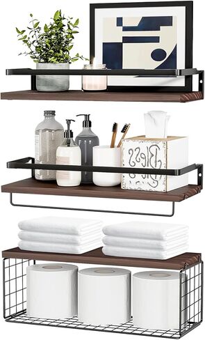Bilillo Floating Shelves Wall Mounted, Bathroom Shelves Above Toilet with Wire Basket and Towel Bar, Suitable for Decorative Storage Racks in Kitchens, Living Rooms, Bedrooms, and Offices Dark Brown in Kuwait