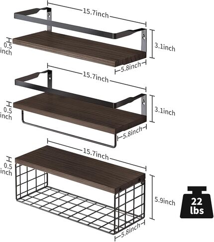 Bilillo Floating Shelves Wall Mounted, Bathroom Shelves Above Toilet with Wire Basket and Towel Bar, Suitable for Decorative Storage Racks in Kitchens, Living Rooms, Bedrooms, and Offices Dark Brown in Kuwait