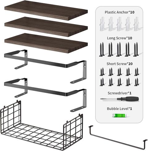 Bilillo Floating Shelves Wall Mounted, Bathroom Shelves Above Toilet with Wire Basket and Towel Bar, Suitable for Decorative Storage Racks in Kitchens, Living Rooms, Bedrooms, and Offices Dark Brown in Kuwait