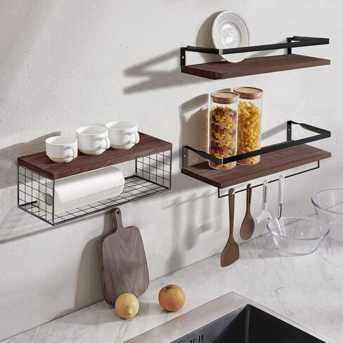 Bilillo Floating Shelves Wall Mounted, Bathroom Shelves Above Toilet with Wire Basket and Towel Bar, Suitable for Decorative Storage Racks in Kitchens, Living Rooms, Bedrooms, and Offices Dark Brown in Kuwait