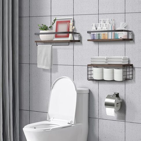 Bilillo Floating Shelves Wall Mounted, Bathroom Shelves Above Toilet with Wire Basket and Towel Bar, Suitable for Decorative Storage Racks in Kitchens, Living Rooms, Bedrooms, and Offices Dark Brown in Kuwait