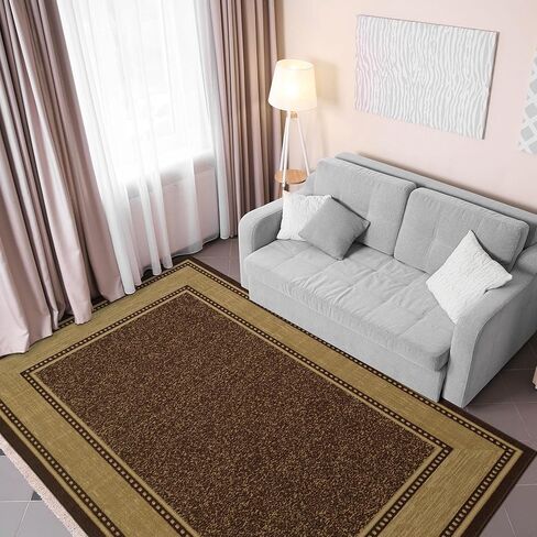 Ottomanson Ottohome Collection Non-Slip Rubberback Bordered Design 3x5 Indoor Area Rug, 3'3" x 5', Brown in Kuwait