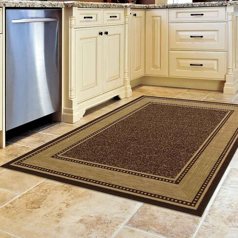 Ottomanson Ottohome Collection Non-Slip Rubberback Bordered Design 3x5 Indoor Area Rug, 3'3" x 5', Brown in Kuwait