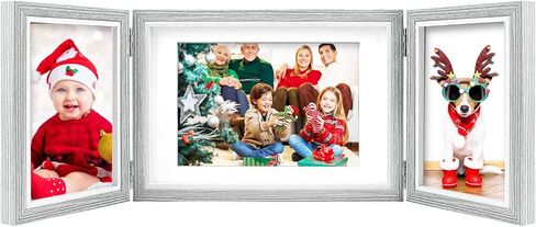 إطار صور LAZYKITTY 3، 2 4x6 و1 7x5 مع حصيرة بيضاء - MDF مقوى، وجوه زجاجية حقيقية، مفصلات من الفولاذ المقاوم للصدأ، قابلة للطي متعددة الزوايا، تقف على أسطح الطاولة - خشب طبيعي in Saudi Arabia