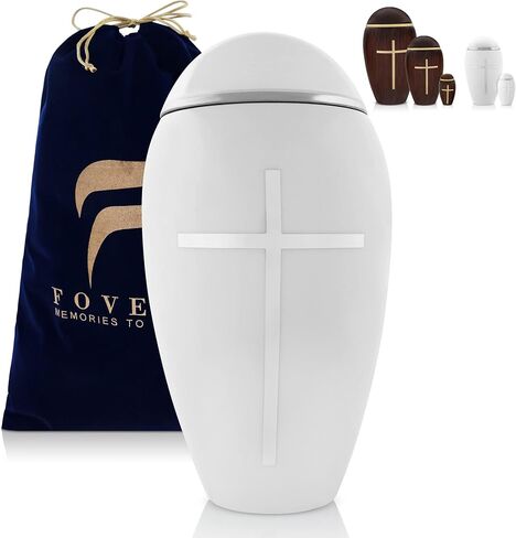 FOVERE - جرة دينية صغيرة للرماد البشري للبالغين من الذكور والإناث - جرة حرق الجثث البيضاء مع صليب فضي - 75 بوصة مكعبة - جرة تذكارية مزخرفة مصنوعة يدويًا مثالية لمشاركة رماد أحبائك in Kuwait
