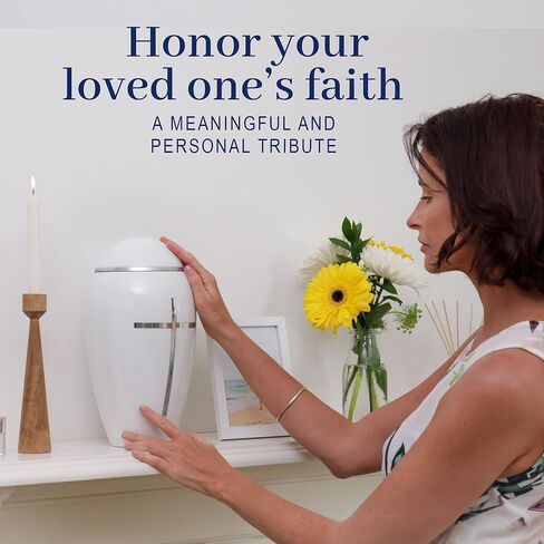 FOVERE - جرة دينية صغيرة للرماد البشري للبالغين من الذكور والإناث - جرة حرق الجثث البيضاء مع صليب فضي - 75 بوصة مكعبة - جرة تذكارية مزخرفة مصنوعة يدويًا مثالية لمشاركة رماد أحبائك in Kuwait